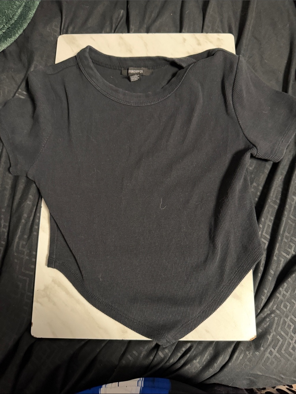 Forever 21 Black Ribbed Short Sleeve Pointed Hem Bodysuit